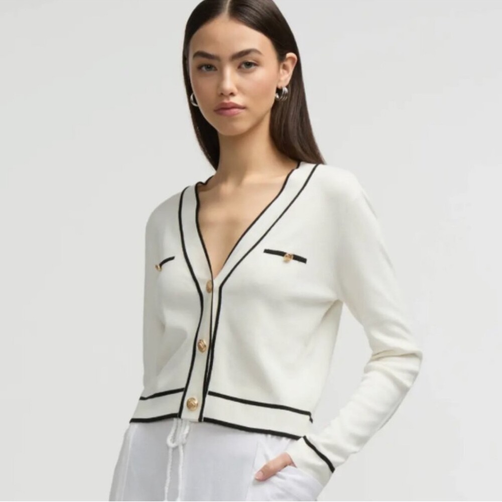 NVLT Women's Spring Cardigan Sweater White & Black w Gold Buttons size Large NWT